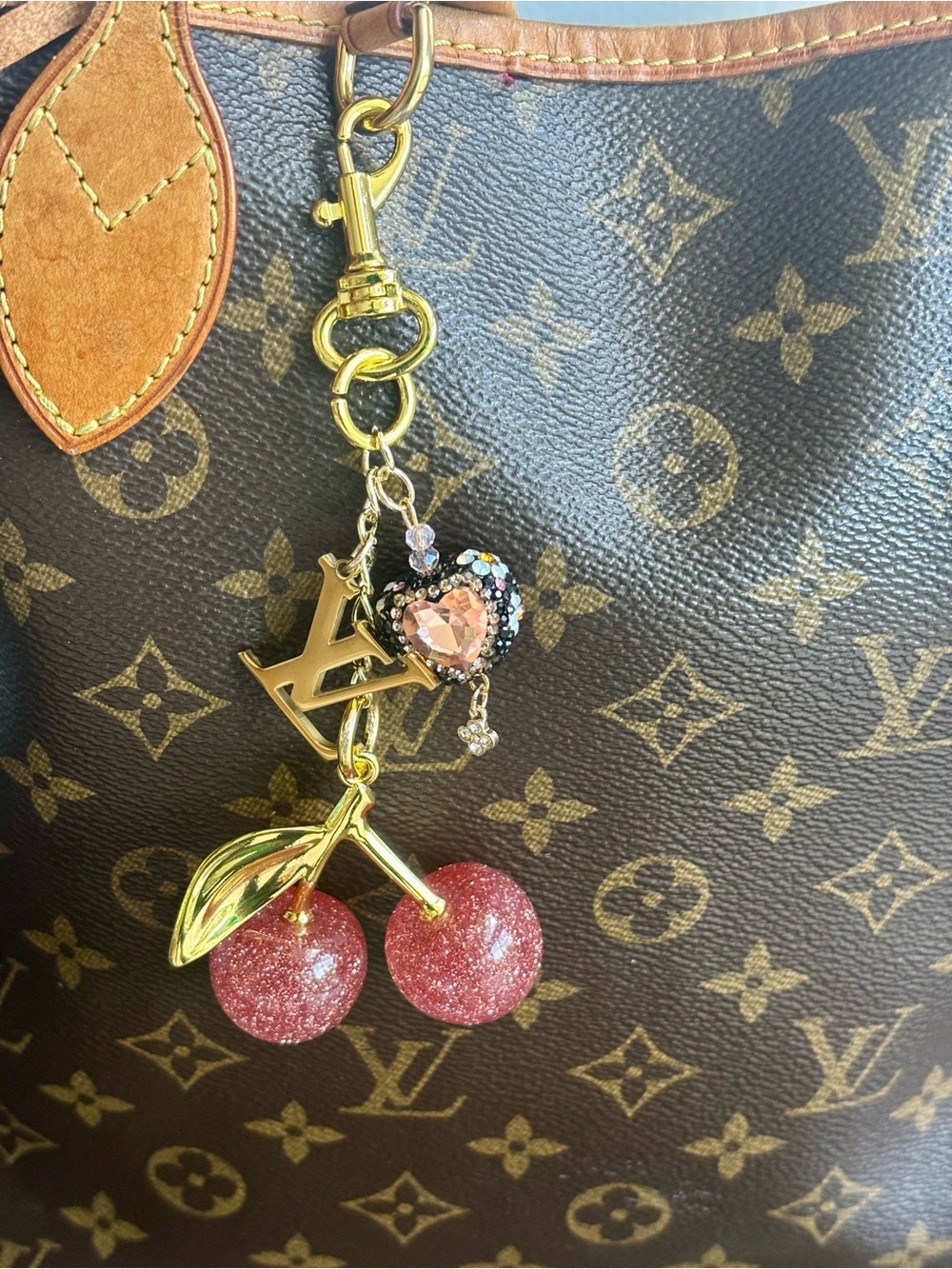 Louis Vuitton Monogram, Pink Cherry and Heart Bag Charm, Keychain 5.5 inches. - Picture 3 of 3